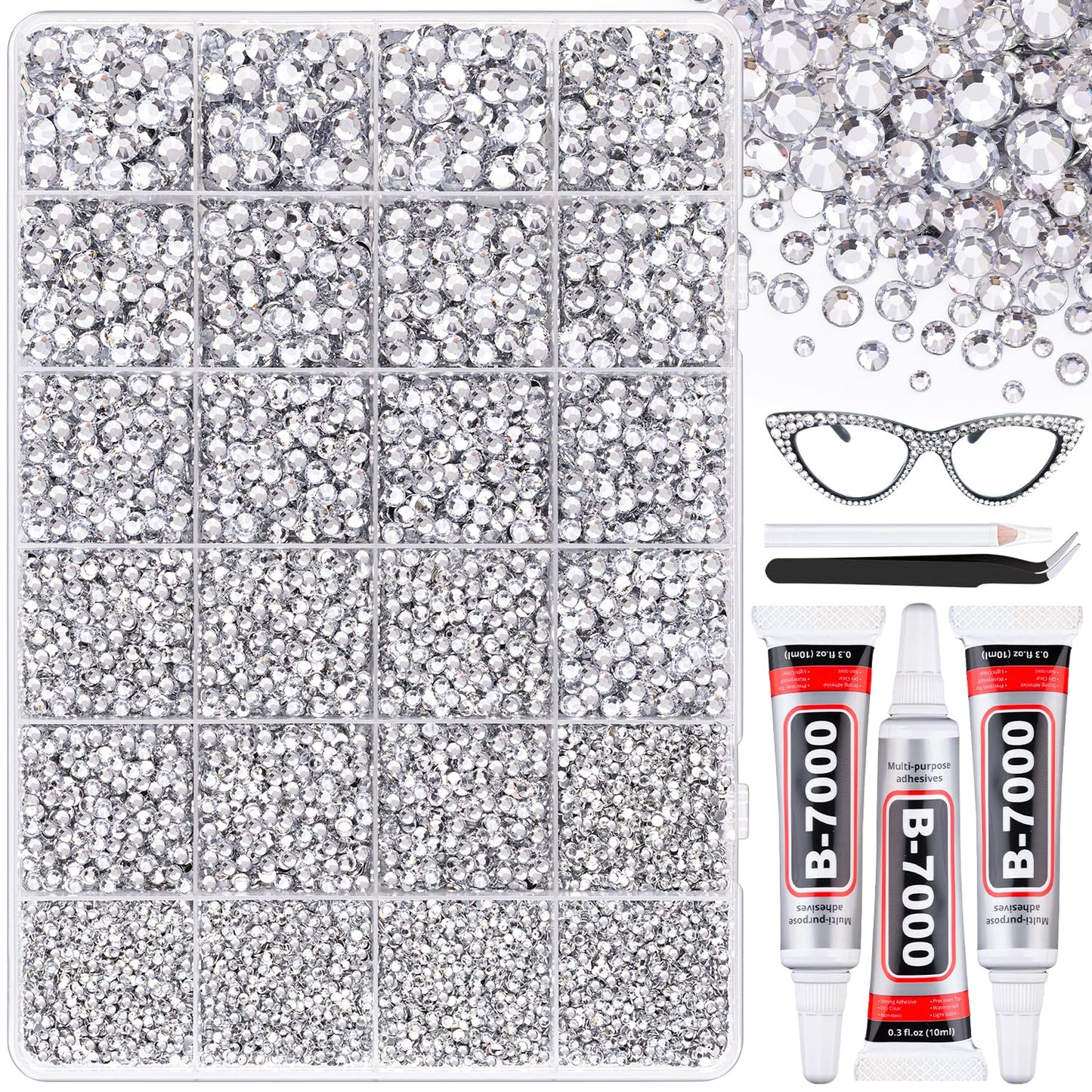 30000Pcs Resin Silver Clear Rhinestones with B7000 Jewelry Glue for Bedazzling Crafting, 2-6mm Flatback Gems, Bedazzler Kit for Crafts Clothing Tumblers Shoes Decor Nail Art-Velvo Beauty