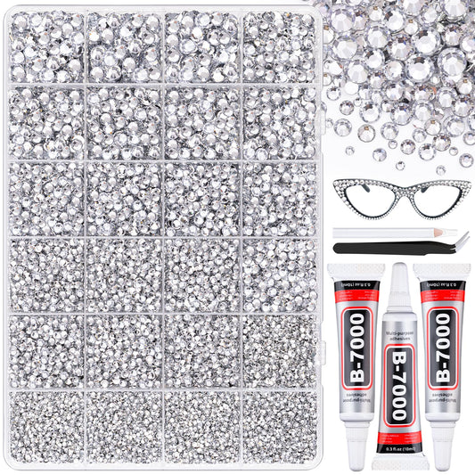 30000Pcs Resin Silver Clear Rhinestones with B7000 Jewelry Glue for Bedazzling Crafting, 2-6mm Flatback Gems, Bedazzler Kit for Crafts Clothing Tumblers Shoes Decor Nail Art-Velvo Beauty