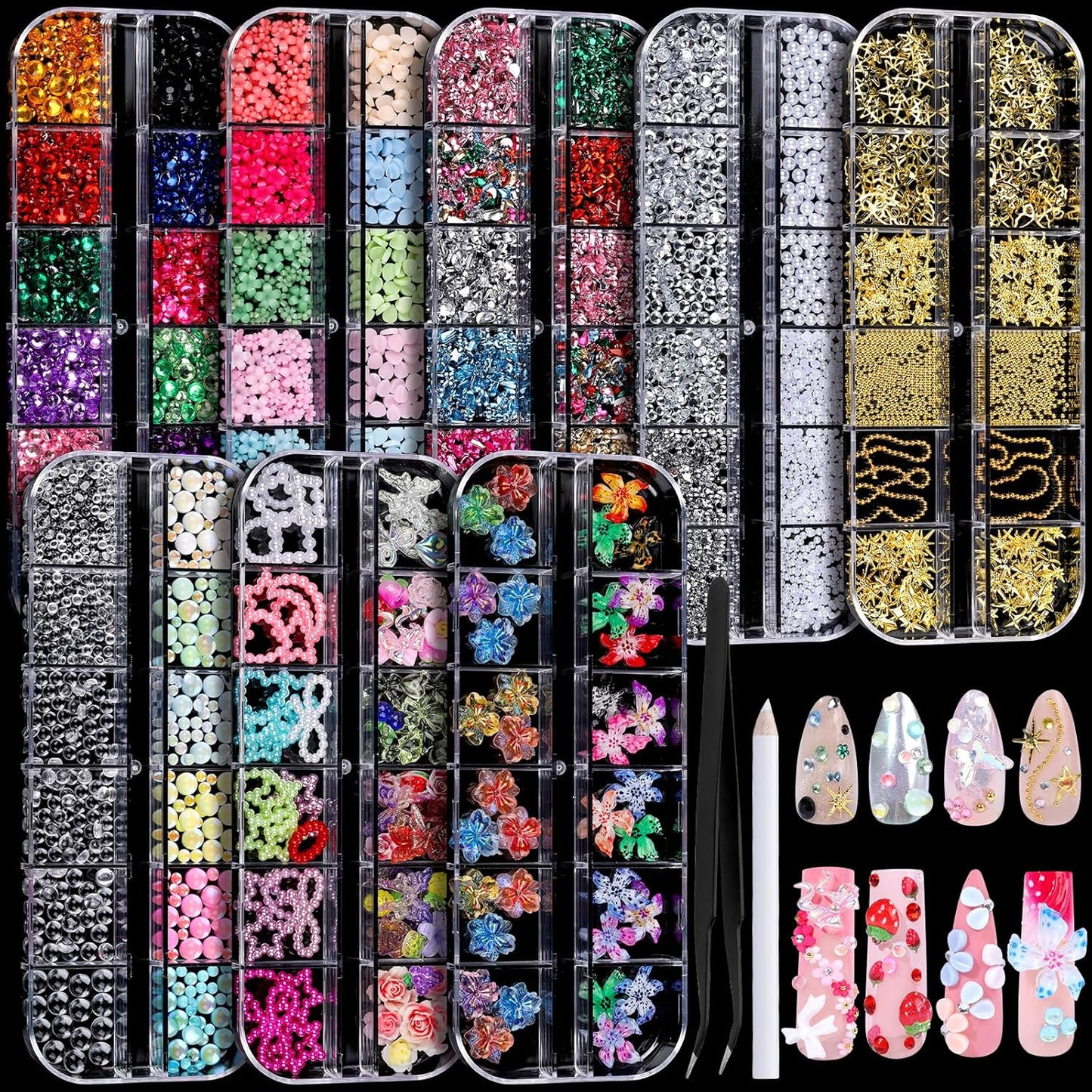 FANDAMEI Nail Charms, 8-Box Nail Charms and Gems, Fruit Bow Hawaii Flowers Petals 3D Nail Art Charms Bulk, Colorful Bubble Beads Nail Rhinestones, Gold Studs Flatback Nail Pearls for DIY-Velvo Beauty