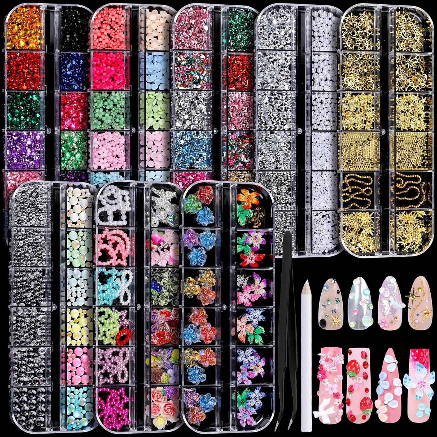 FANDAMEI Nail Charms, 8-Box Nail Charms and Gems, Fruit Bow Hawaii Flowers Petals 3D Nail Art Charms Bulk, Colorful Bubble Beads Nail Rhinestones, Gold Studs Flatback Nail Pearls for DIY-Velvo Beauty