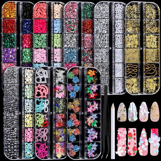 FANDAMEI Nail Charms, 8-Box Nail Charms and Gems, Fruit Bow Hawaii Flowers Petals 3D Nail Art Charms Bulk, Colorful Bubble Beads Nail Rhinestones, Gold Studs Flatback Nail Pearls for DIY-Velvo Beauty