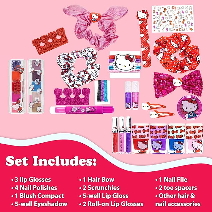 Hello Kitty - Townley Girl Train Case Cosmetic Makeup Set Includes Lip Gloss, Eye Shimmer, Nail Polish, Hair Accessories & More! For Girls, Ages 3+ Perfect for Parties & Makeovers-Velvo Beauty