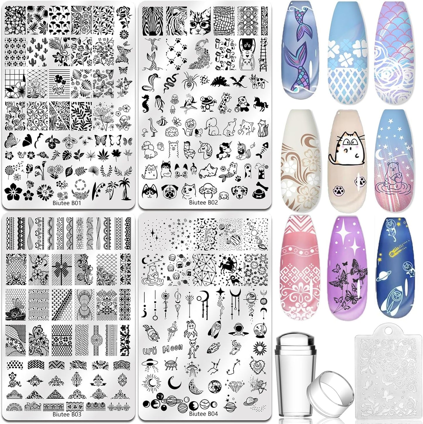 Biutee 4PCS Nail Stamping Plates Set, Includes Nail Art Stamper & Scraper - French Line Lace, Space, Animal, Flower, Leaf Designs - Large Nail Art Stencils Templates for DIY Manicure-Velvo Beauty