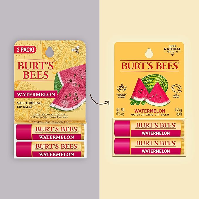 Burt's Bees Lip Balm - Watermelon, Lip Moisturizer With Responsibly Sourced Beeswax, Tint-Free, Natural Origin Conditioning Lip Treatment, 2 Tubes, 0.15 oz.-Velvo Beauty