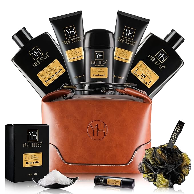 Bath and Body Gift Set for Men - Sandalwood Amber - Birthday, Christmas, Fathers Day Gifts From Wife Daughter Son for Husband, Dad - Relax Spa Kit w. Full Size Items in Deluxe Toiletry Bag-Velvo Beauty