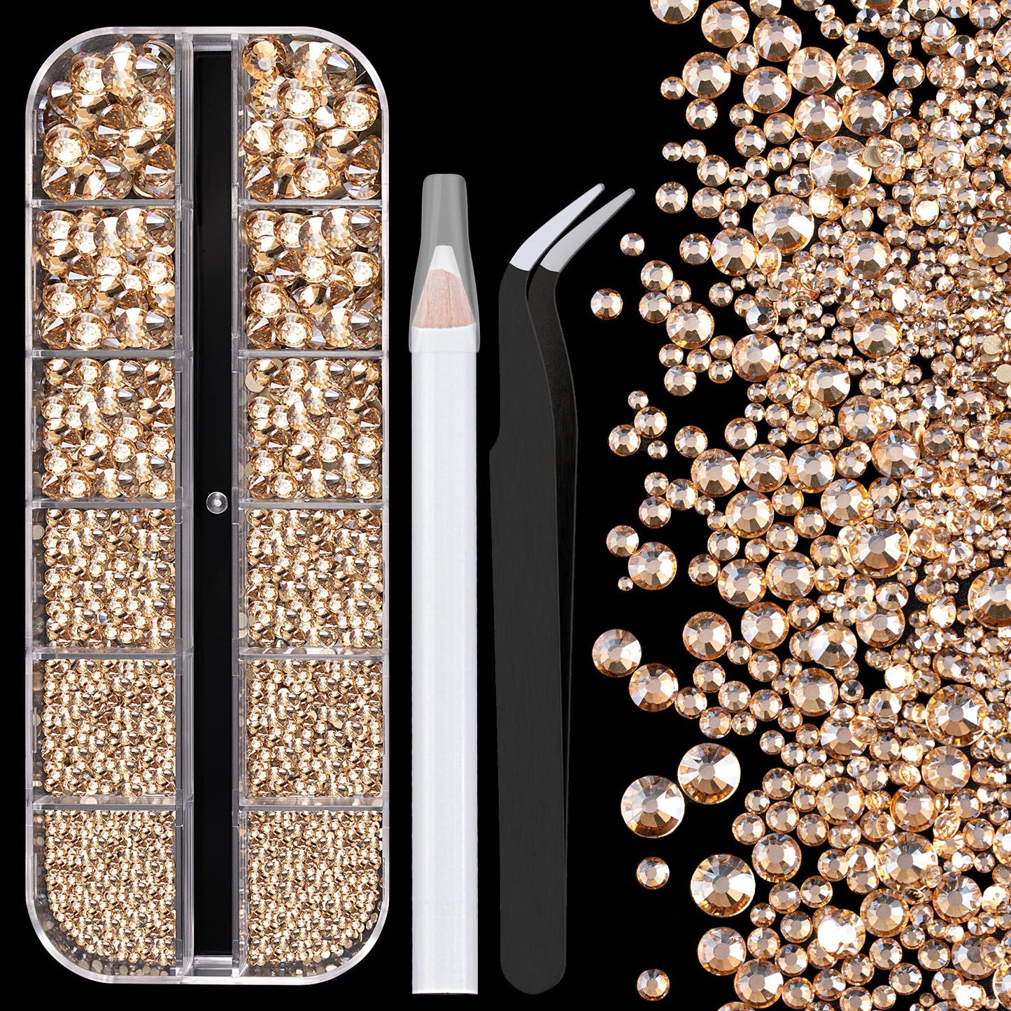One Pack 2000 Pcs of Flatback Round Champagne Rhinestones 6 Sizes (1.5-6 mm) with Nail Art Rhinestone Picker Pencil and Tweezer for DIY and Salon Use-Velvo Beauty