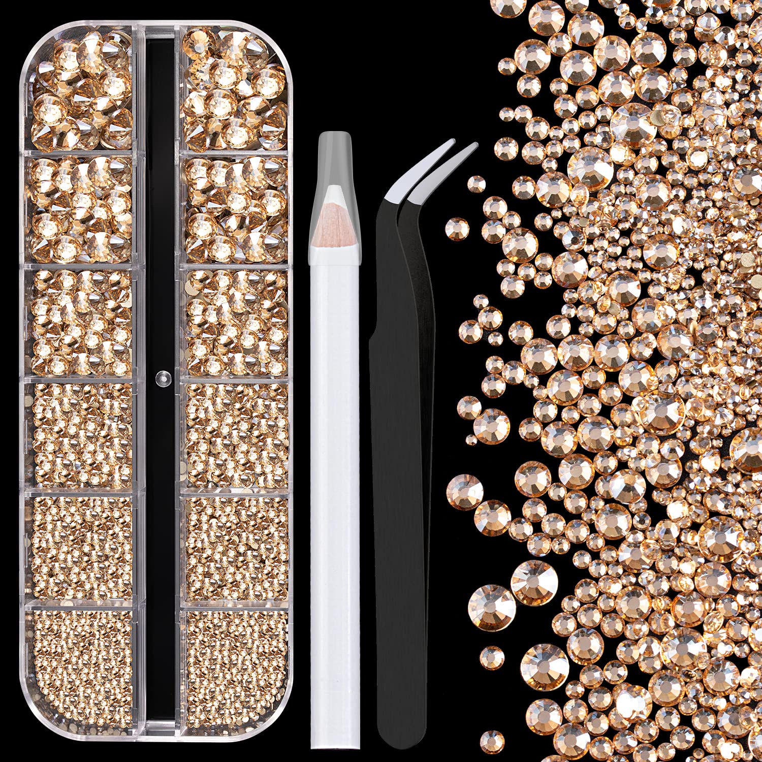 One Pack 2000 Pcs of Flatback Round Champagne Rhinestones 6 Sizes (1.5-6 mm) with Nail Art Rhinestone Picker Pencil and Tweezer for DIY and Salon Use-Velvo Beauty
