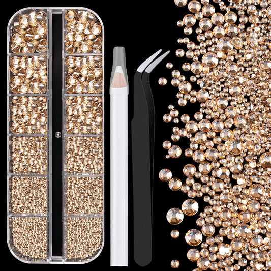 One Pack 2000 Pcs of Flatback Round Champagne Rhinestones 6 Sizes (1.5-6 mm) with Nail Art Rhinestone Picker Pencil and Tweezer for DIY and Salon Use-Velvo Beauty