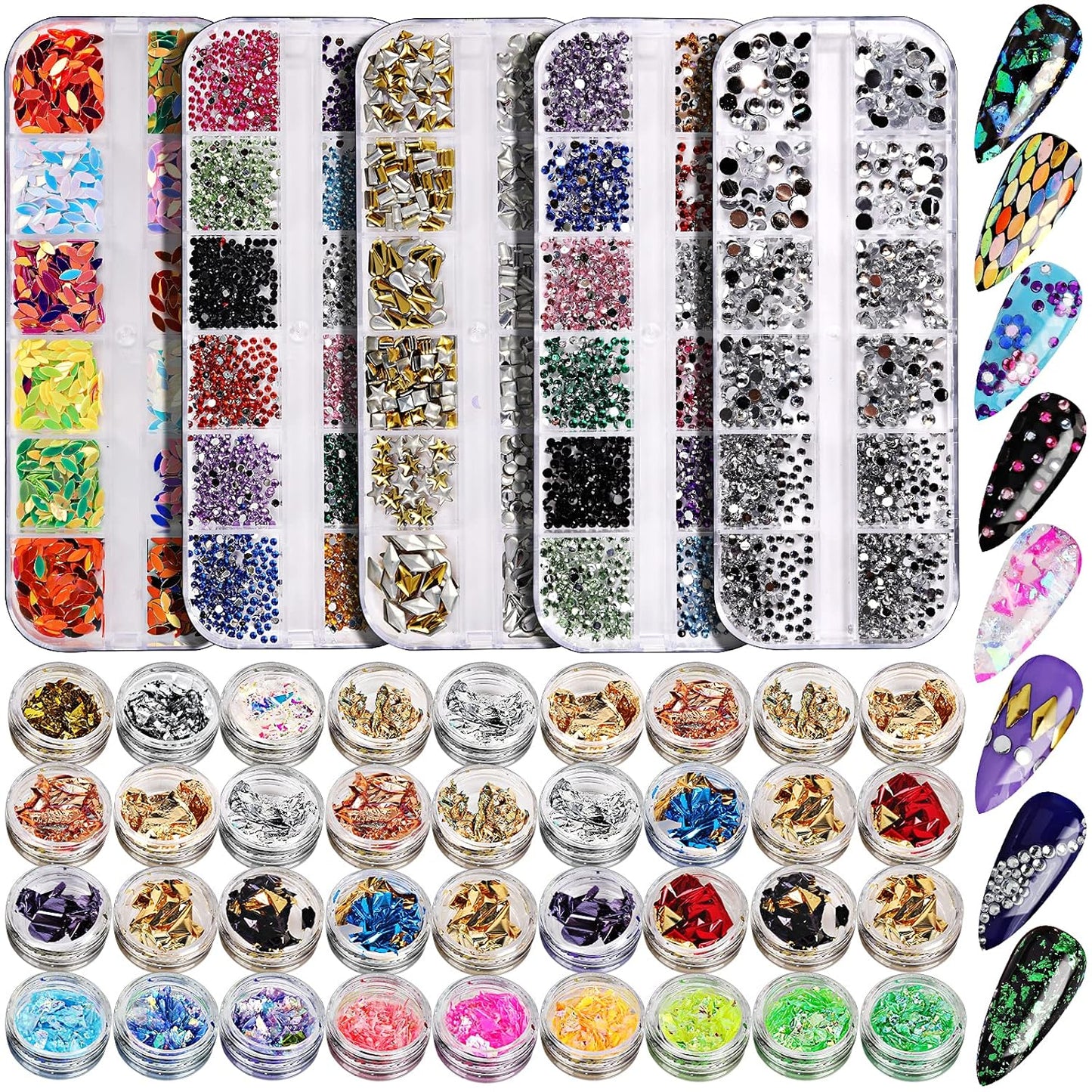 Teenitor 41 Boxes Rhinestones for Nails, Nail Gems 5 Boxes Nail Art Rhinestones 36 Boxes Nail Flakes, Nail Gems Stone Nail Design Kit, Nail Rhinestones for Nail Art Nail Accessories-Velvo Beauty