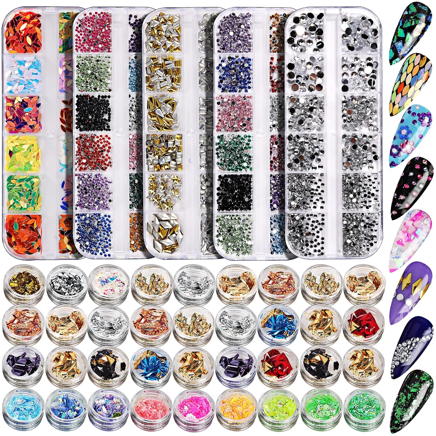 Teenitor 41 Boxes Rhinestones for Nails, Nail Gems 5 Boxes Nail Art Rhinestones 36 Boxes Nail Flakes, Nail Gems Stone Nail Design Kit, Nail Rhinestones for Nail Art Nail Accessories-Velvo Beauty