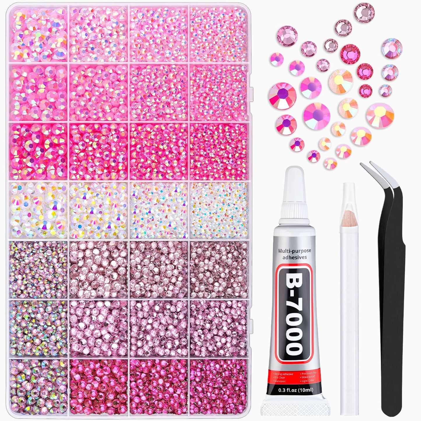 20000Pcs Pink Rhinestones for Bedazzling with 1Pcs B7000 Jewelry Glue, Resin Rhinestones for Crafting Crafts DIY, Bedazzler Kit Gems for Clothing Shoes Tumblers Nail Art Assorted Size 3/4/5/6mm-Velvo Beauty