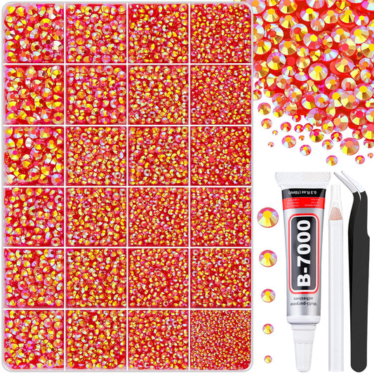 30000Pcs Red AB Rhinestones for Bedazzling with B7000 Jewelry Glue, Bedazzler Kit Flatback Gems, Resin Rhinestones for Crafting Crafts Clothing Shoes Fabric Nail Art Assorted Size 2/3/4/5/6mm-Velvo Beauty