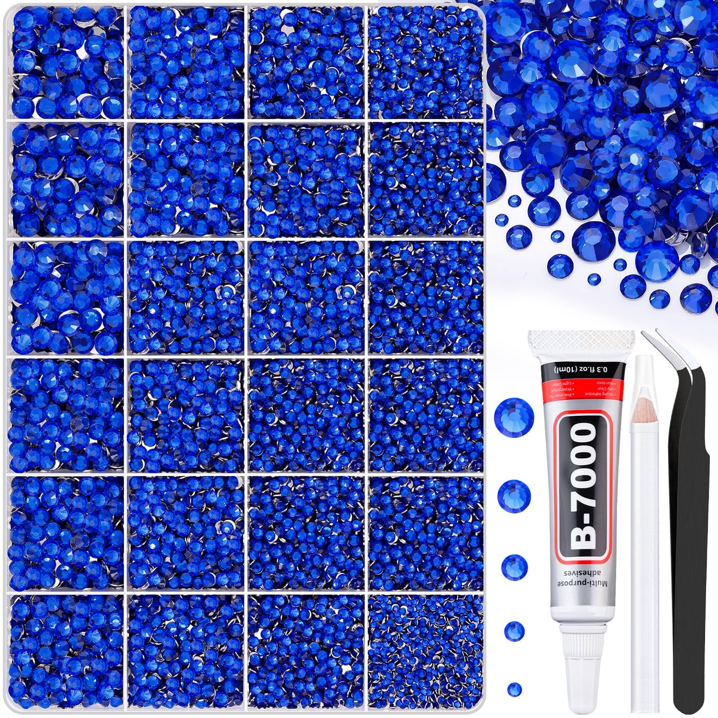 30000Pcs Royal Blue Rhinestones for Bedazzling with B7000 Jewelry Glue, Bedazzler Kit Flatback Gems, Resin Rhinestones for Crafting Crafts Clothing Shoes Fabric Nail Art Assorted Size 2/3/4/5/6mm-Velvo Beauty