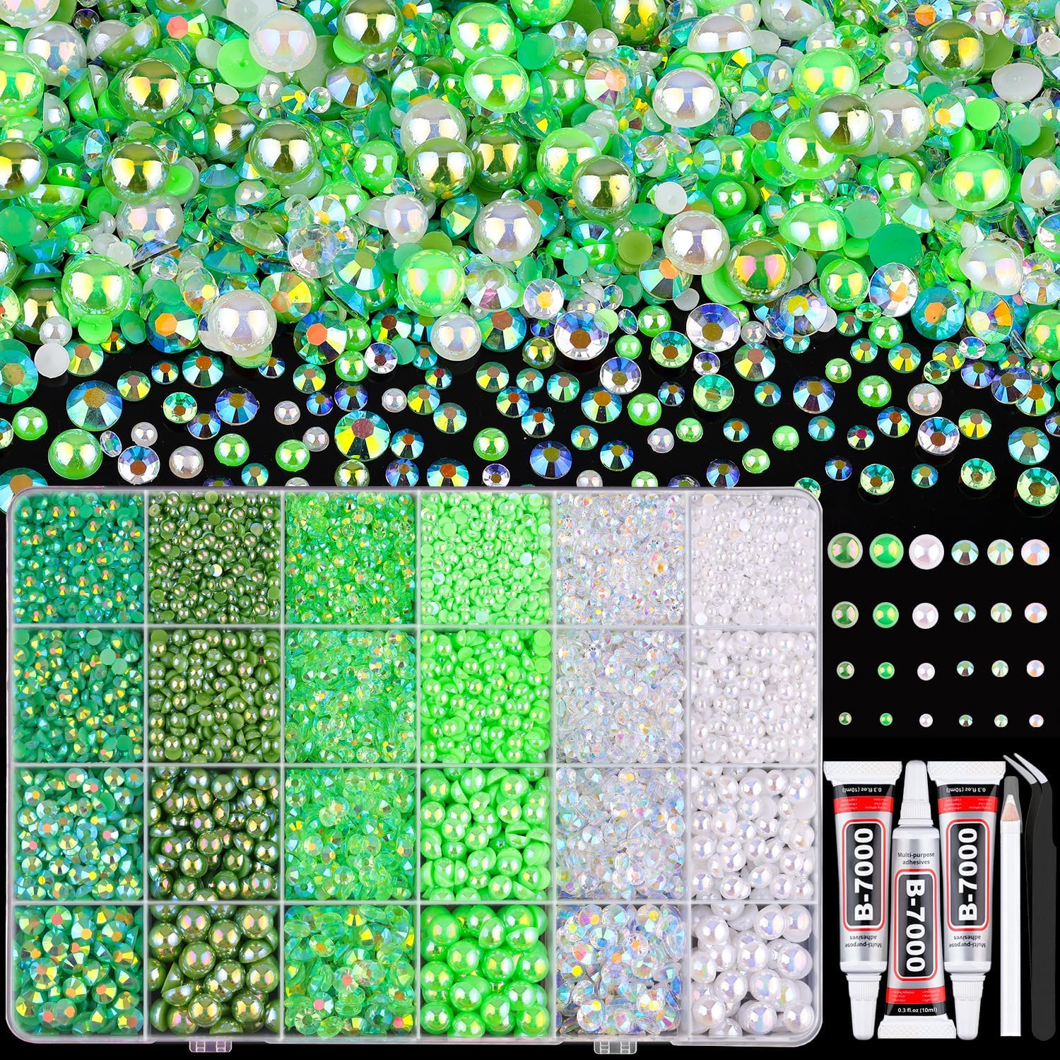 9000PCS Flatback Pearls and Rhinestones for Crafting, Green 3-10mm Resin Rhinestones and Half Pearls for Bedazzling, Nail Art and Dec with 3pcs B7000 Jewelry Glue, Tweezer and Pickup Pencil-Velvo Beauty