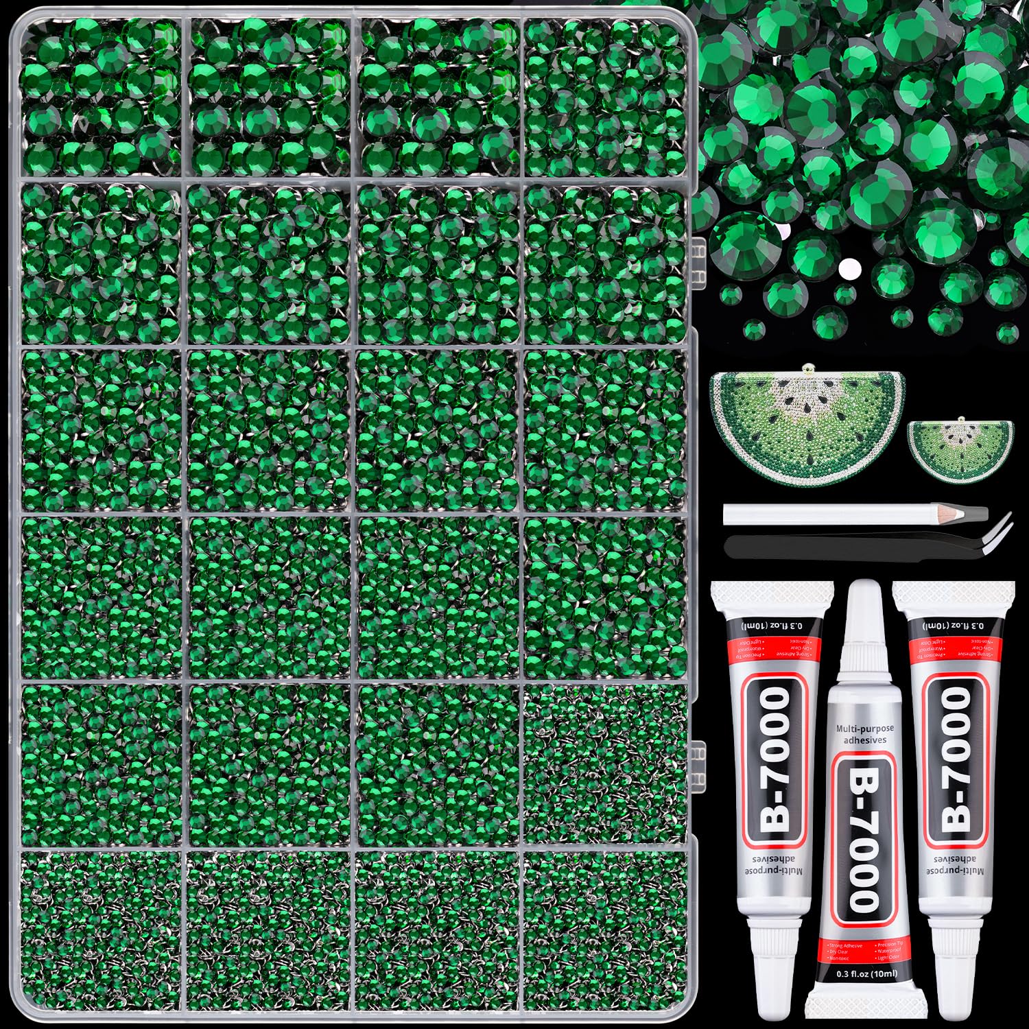 25000Pcs Resin Rhinestones with B7000 Jewelry Glue for Crafting, Dark Green 2-6mm Non Hotfix Flatback Gems, Bedazzling Crystal for DIY Crafts Clothing Tumblers Mugs Shoes Fabric Decor Nail Art-Velvo Beauty