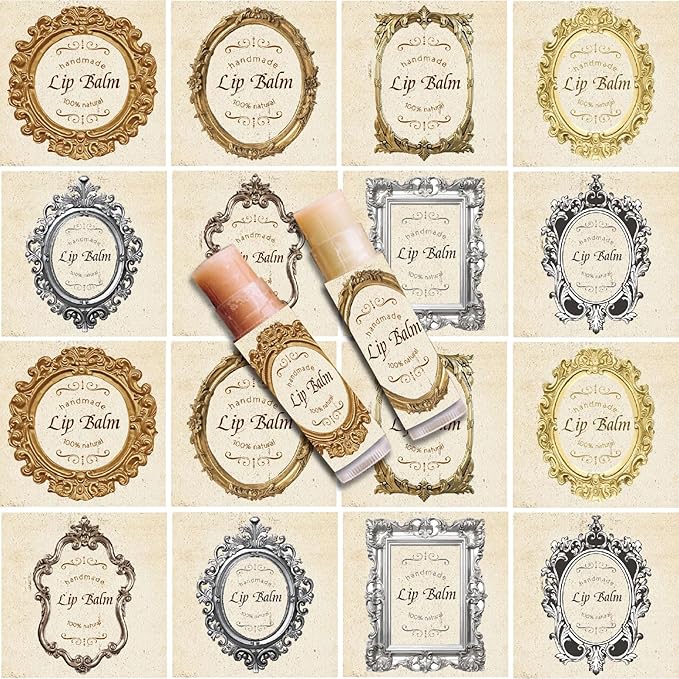 CRASPIRE 80Pcs 8 Styles Lip Balm Sticker Retro Photo Frame Self-Adhesive Homemade Lip Balm Labels Vintage Square DIY Label Stickers for Lip Balm Containers Cosmetics Lipsticks-Velvo Beauty