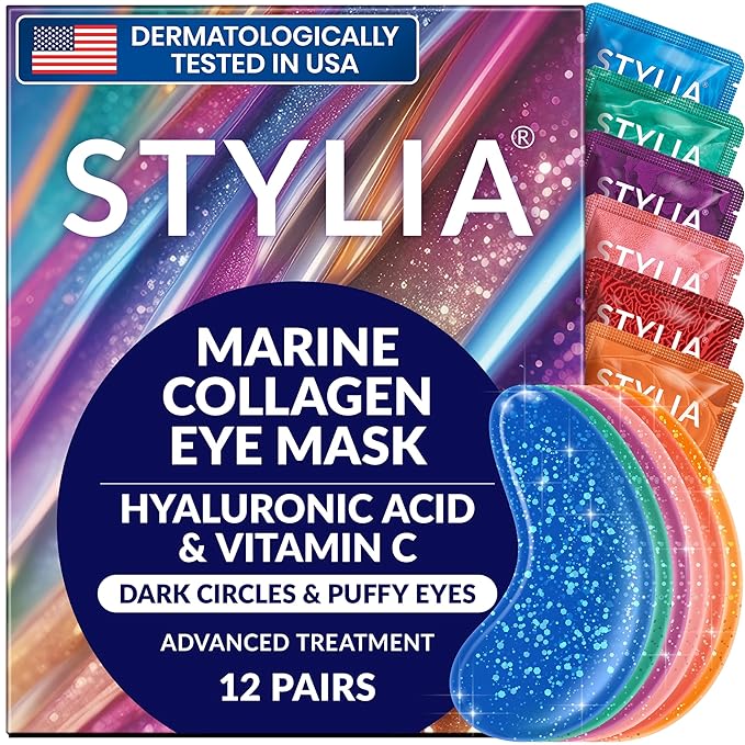 Stylia Under Eye Patches for Puffy Eyes and Dark Circles (12 Pairs) - Marine Collagen Under Eye Mask with Vitamin C, Hyaluronic Acid, Pearl Extract - Eye Masks for Dark Circles and Puffiness-Velvo Beauty