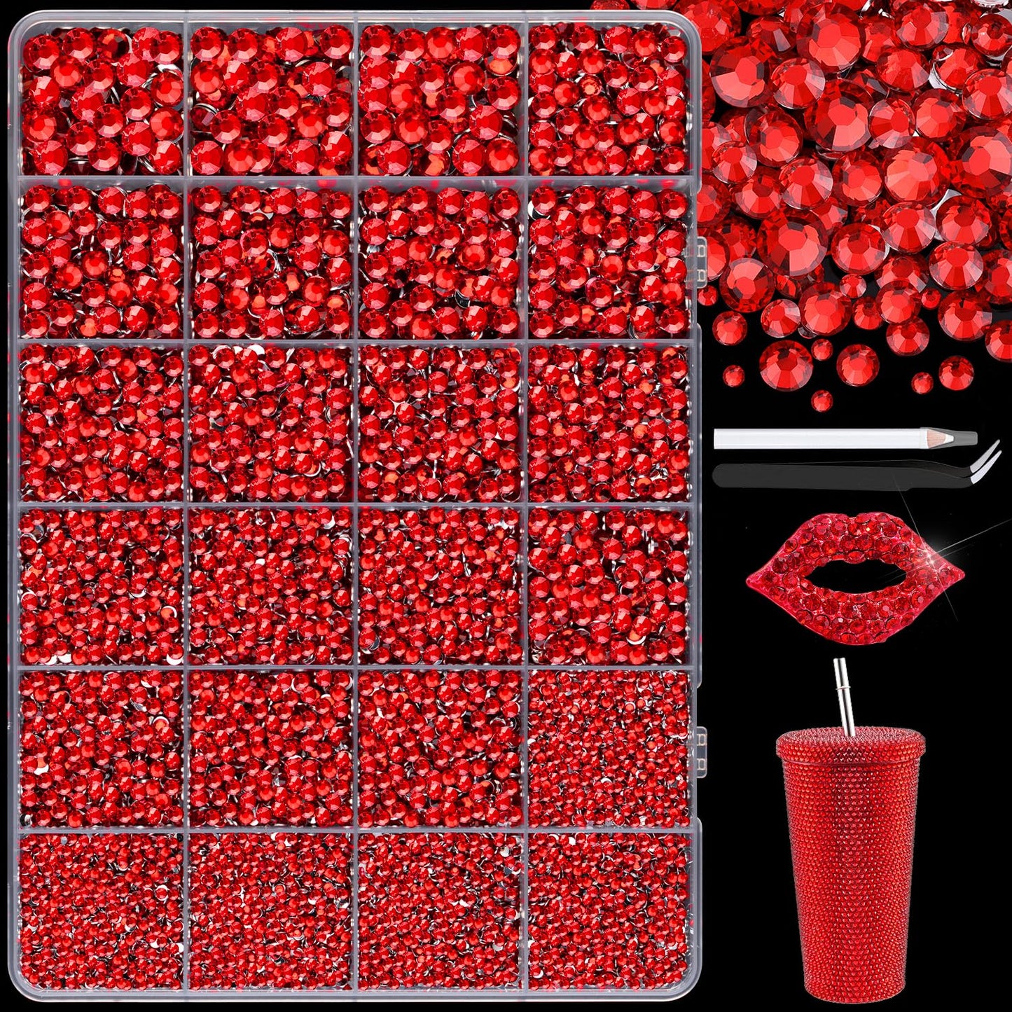 25000Pcs Resin Rhinestones with Tweezers for Crafting, 2-6mm Mixed Sizes (Red) Non Hotfix Flatback Gems, Bedazzling Crystal for DIY Crafts Clothing Tumblers Mugs Shoes Decor Nail Art-Velvo Beauty