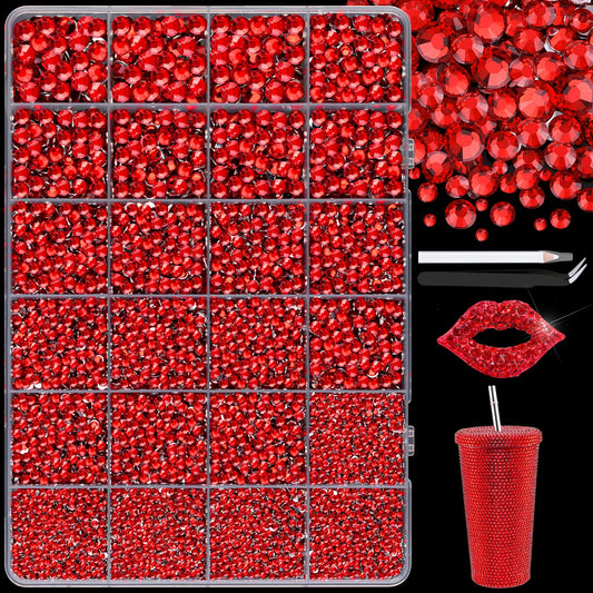 25000Pcs Resin Rhinestones with Tweezers for Crafting, 2-6mm Mixed Sizes (Red) Non Hotfix Flatback Gems, Bedazzling Crystal for DIY Crafts Clothing Tumblers Mugs Shoes Decor Nail Art-Velvo Beauty