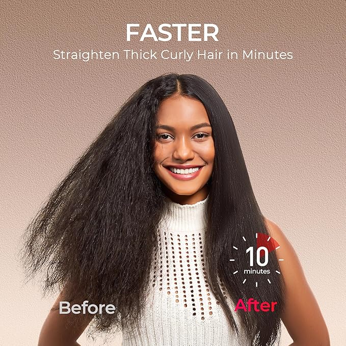 TYMO Hair Straightener Brush - Upgraded Ionic Plus Straightening Brush with Dense Bristles, 16 Temps, Dual Voltage | Ceramic Hot Comb for Women | Flat Iron for Thick Curly Hair, Gold-Velvo Beauty