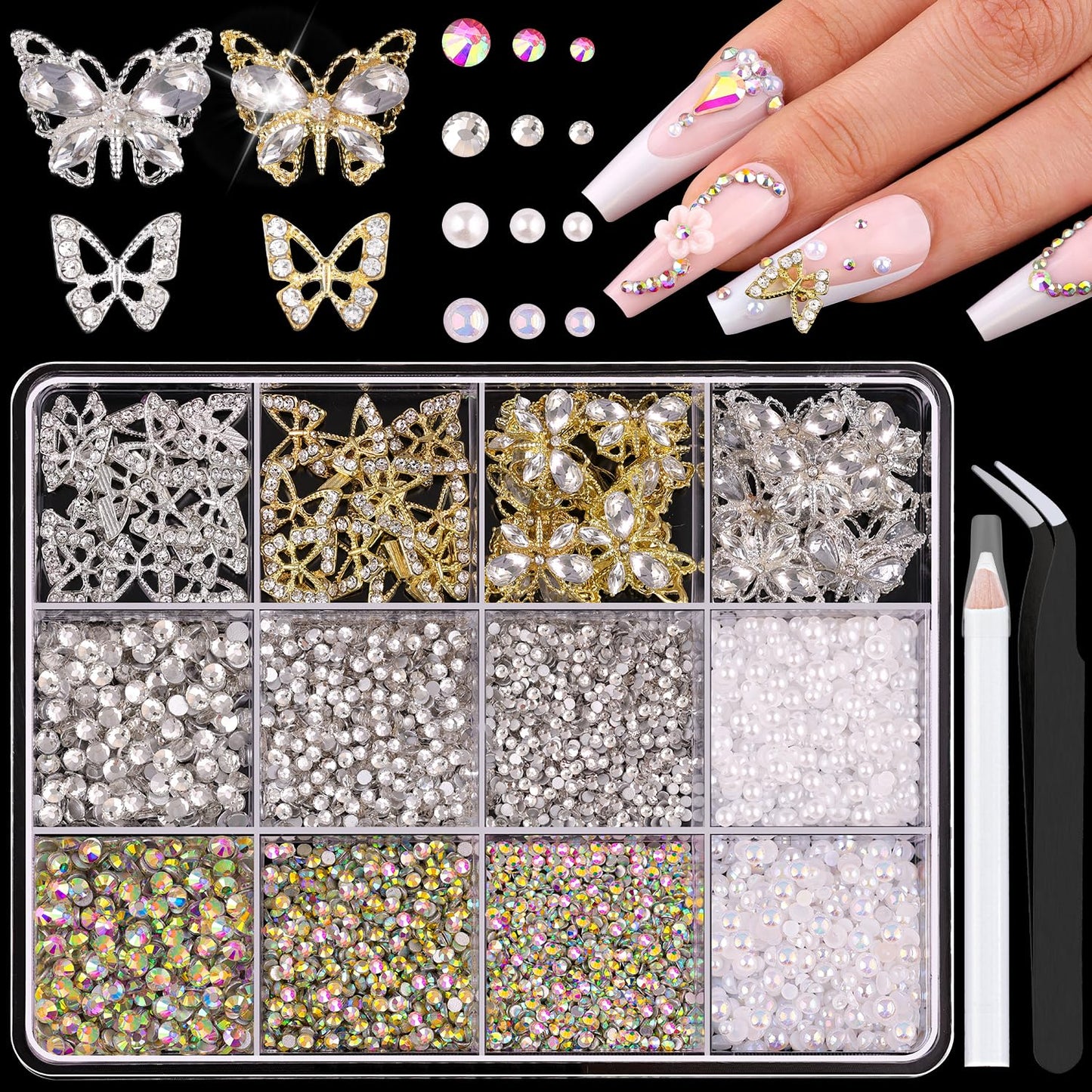 50Pcs 2 Styles 3D Butterfly Nail Charms and Flatback Gems Pearl, Silver+Gold Shiny Luxury Gems, Crystal Jewels Studs with Rhinestones for Nail Design, Nail Art Decoration Set for Acrylic Nails-Velvo Beauty