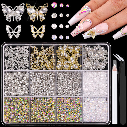 50Pcs 2 Styles 3D Butterfly Nail Charms and Flatback Gems Pearl, Silver+Gold Shiny Luxury Gems, Crystal Jewels Studs with Rhinestones for Nail Design, Nail Art Decoration Set for Acrylic Nails-Velvo Beauty