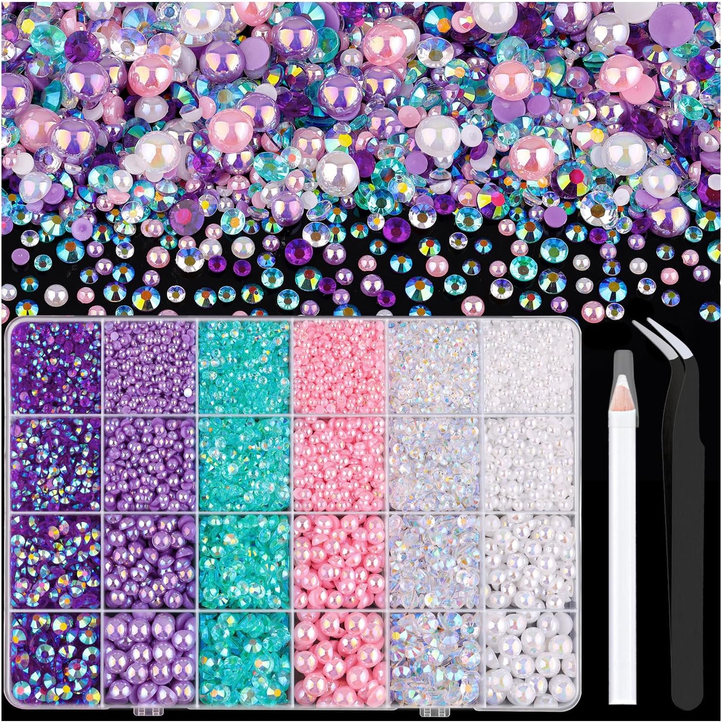 9000PCS Flatback Pearls and Rhinestones for Crafting, Pink Purple Mixed Size 3-10mm Resin Rhinestones and Half Pearls for Bedazzling, Nail Art and Decoration with Tweezer and Pickup Pencil-Velvo Beauty