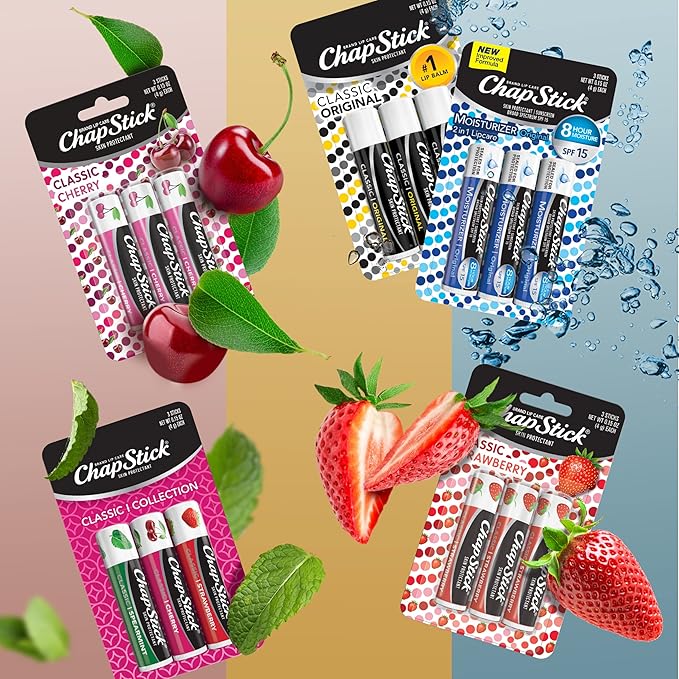 ChapStick Classic Collection Flavored Lip Balm Tubes Pack, Lip Moisturizer - 0.15 Oz (Box of 5 Packs of 3)-Velvo Beauty