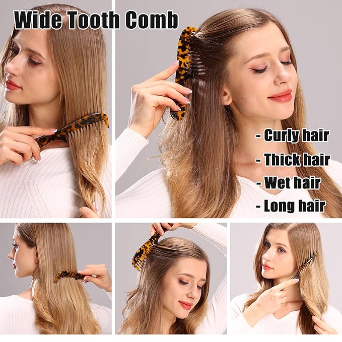 Fsmiling Wide Tooth Comb Large Detangling Comb Cellulose Detangler Comb for Women Thick Curly Wavy Wet Dry Hair 2 Pack,Tortoise shell-Velvo Beauty