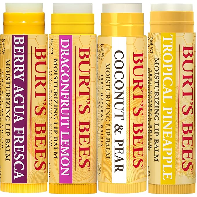 Burt's Bees Lip Balm - Berry Agua Fresca, Dragonfruit Lemon, Coconut & Pear, Tropical Pineapple Pack, With Beeswax, Tint-Free, Natural Origin Lip Treatment, 4 Tubes, 0.15 oz.-Velvo Beauty