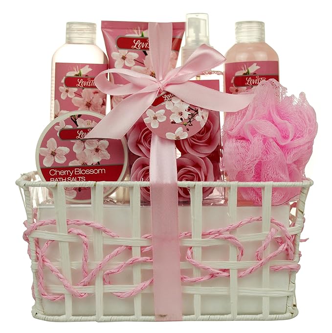 Spa Bath and Body - Spa Gift Baskets for Women & Girls, Cherry Fragrance, Spa Birthday Gift Includes Loofah Sponge, Bath Salt, Body Lotion, Soap Rose, Body Mist, Shower Gel Bubble Bath-Velvo Beauty