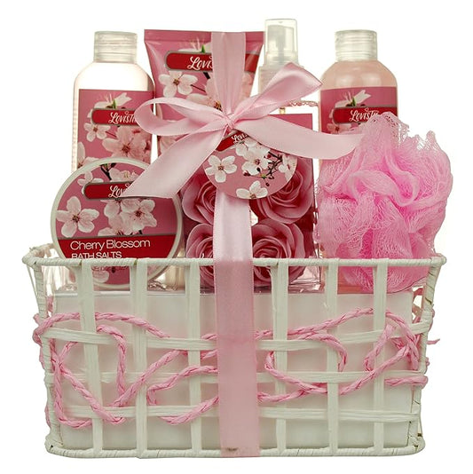 Spa Bath and Body - Spa Gift Baskets for Women & Girls, Cherry Fragrance, Spa Birthday Gift Includes Loofah Sponge, Bath Salt, Body Lotion, Soap Rose, Body Mist, Shower Gel Bubble Bath-Velvo Beauty