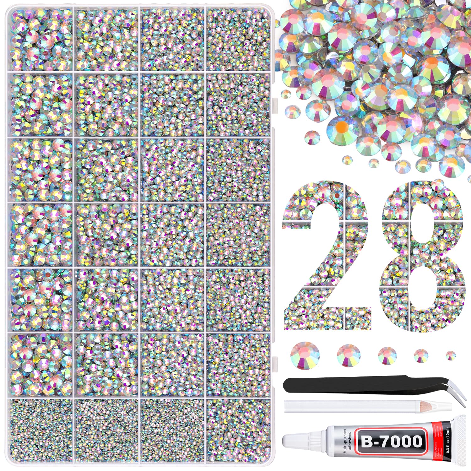 30000Pcs Resin Rhinestones for Bedazzling with Tweezers, AB Rhinestones for Crafting with B7000 Jewelry Glue for DIY Crafts Clothing Tumblers Shoes Fabric Nail Art-Velvo Beauty