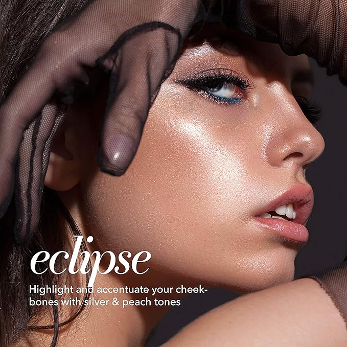 Pippa of London Eclipse Highlighter Palette 381 Make Up for Cheeks and Face with 4 Luxury Highlighters in a Silver Gold Case with Mirror-Velvo Beauty