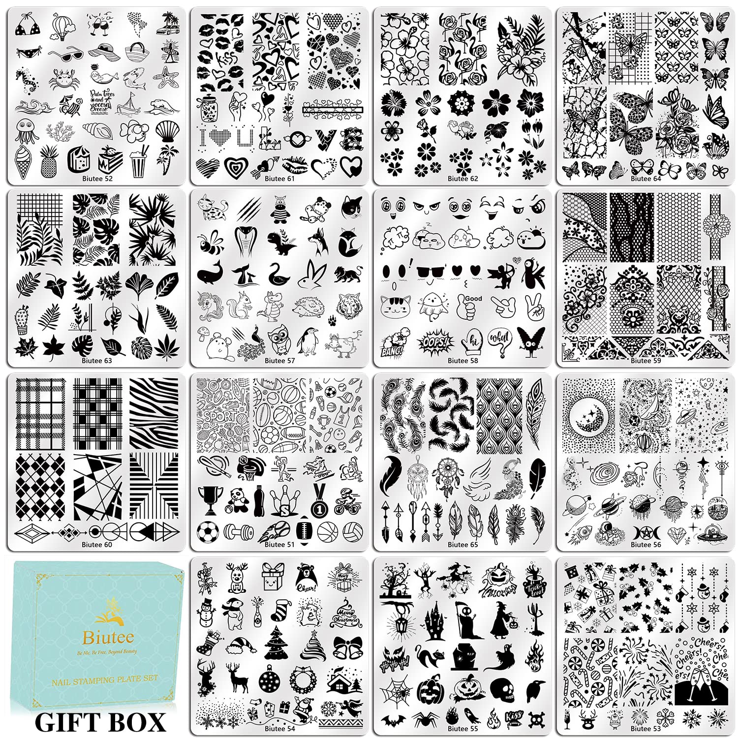 Biutee Nail Stamping Plates Set 15PCS Nail Art Stamper Scraper Nail Art Stamping Kit with Storage Bag Gift Box Nail Stamp Template Kit Lace Flower Butterfly Star Christmas Halloween Holiday Design-Velvo Beauty