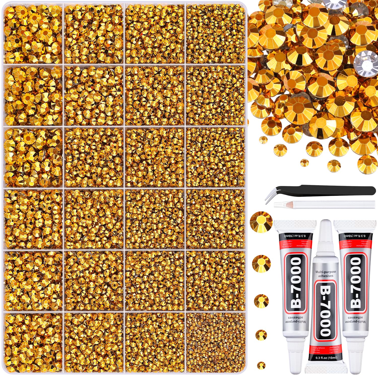 30000Pcs Resin Gold Rhinestones for Bedazzling Crafting with b7000 Jewelry Glue, Bulk Flatback Gems Bedazzler Kit for Crafts Clothes Shoes Fabric Nail Diamond Art, Assorted Size 2/3/4/5/6mm-Velvo Beauty