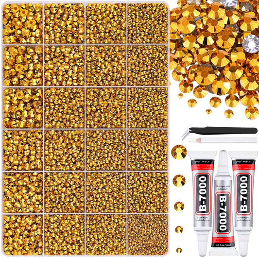 30000Pcs Resin Gold Rhinestones for Bedazzling Crafting with b7000 Jewelry Glue, Bulk Flatback Gems Bedazzler Kit for Crafts Clothes Shoes Fabric Nail Diamond Art, Assorted Size 2/3/4/5/6mm-Velvo Beauty
