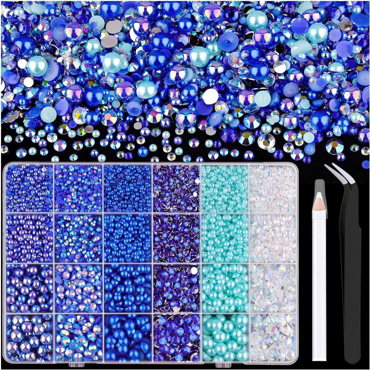 9000PCS Flatback Pearls and Rhinestones for Crafting, Dark Blue Mixed Size 3-10mm Resin Rhinestones and Half Pearls for Bedazzling, Nail Art and Decoration with Tweezer and Pickup Pencil-Velvo Beauty