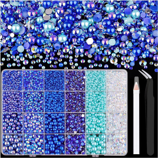 9000PCS Flatback Pearls and Rhinestones for Crafting, Dark Blue Mixed Size 3-10mm Resin Rhinestones and Half Pearls for Bedazzling, Nail Art and Decoration with Tweezer and Pickup Pencil-Velvo Beauty