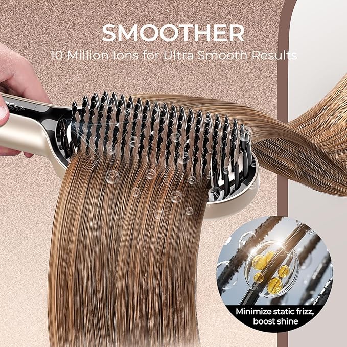 TYMO Hair Straightener Brush - Upgraded Ionic Plus Straightening Brush with Dense Bristles, 16 Temps, Dual Voltage | Ceramic Hot Comb for Women | Flat Iron for Thick Curly Hair, Gold-Velvo Beauty