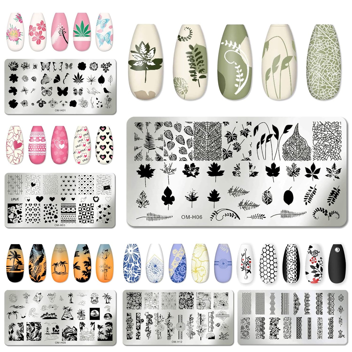 AddFavor Nail Art Stamper Kit 6pcs Flower Heart Leaf Lace Butterfly Stamping Plate Template with Silicone Nail Stamper and Scraper for Women Girls DIY Fingernail Manicure Stencils Tools-Velvo Beauty