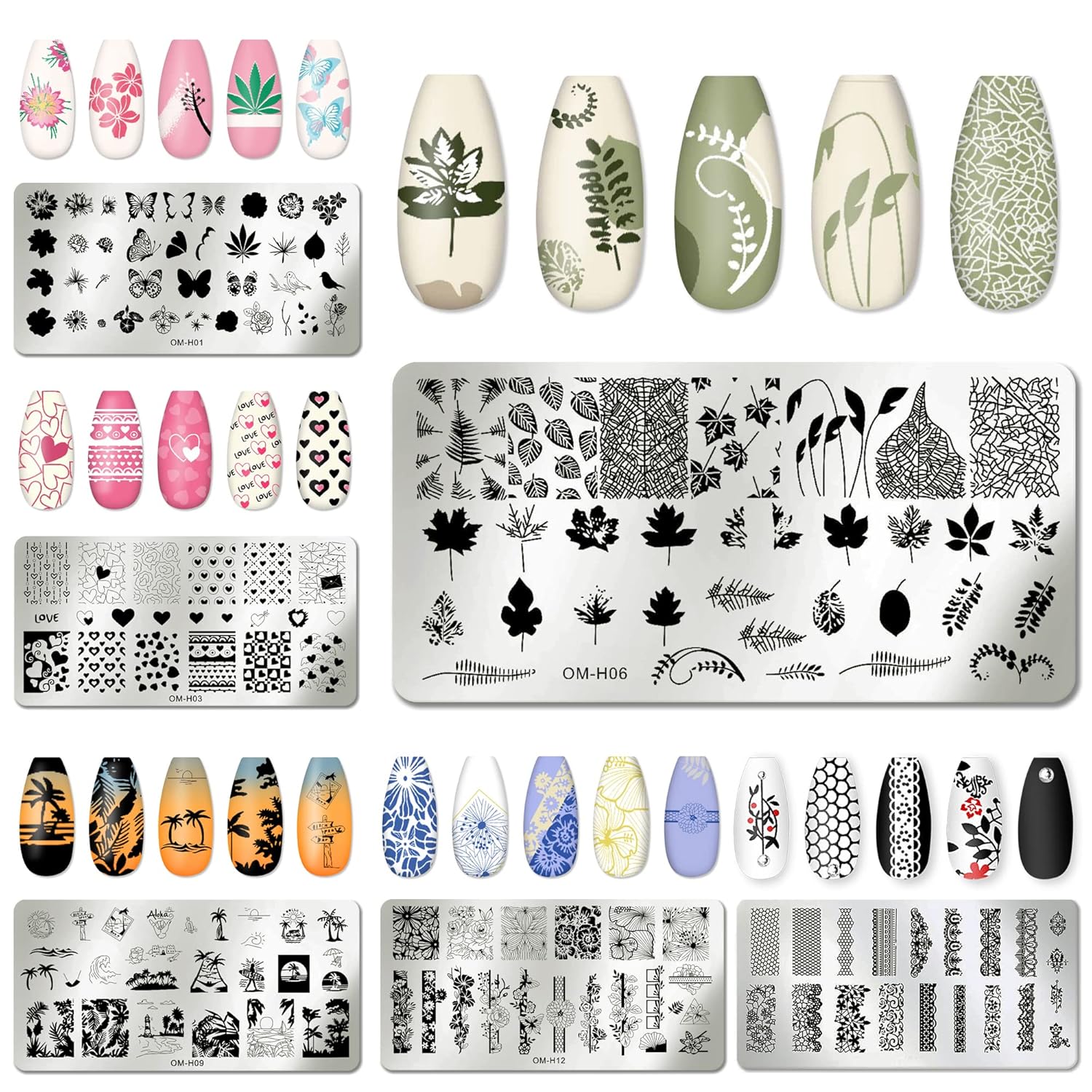 AddFavor Nail Art Stamper Kit 6pcs Flower Heart Leaf Lace Butterfly Stamping Plate Template with Silicone Nail Stamper and Scraper for Women Girls DIY Fingernail Manicure Stencils Tools-Velvo Beauty