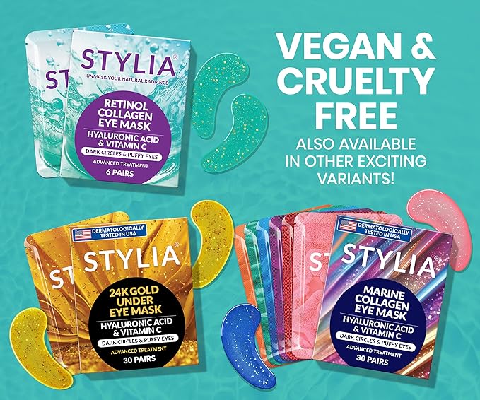 Stylia Under Eye Patches for Puffy Eyes and Dark Circles (6 Pairs) - Marine Collagen Under Eye Mask with Retinol, Vitamin C, Hyaluronic Acid, Pearl Extract - Eye Masks for Dark Circles and Puffiness-Velvo Beauty