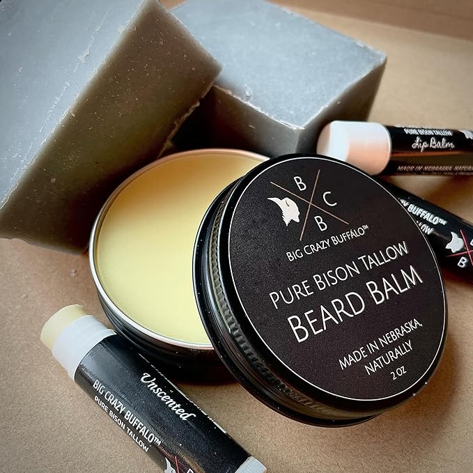 Pure Bison Tallow Beard Gift Set - Shave Bar, Beard Balm, Unscented Lip Balm - Conditions, Strengthens, Moisturizes, Soothes, Softens, Naturally Derived, No Dyes, Naturally Derived-Velvo Beauty