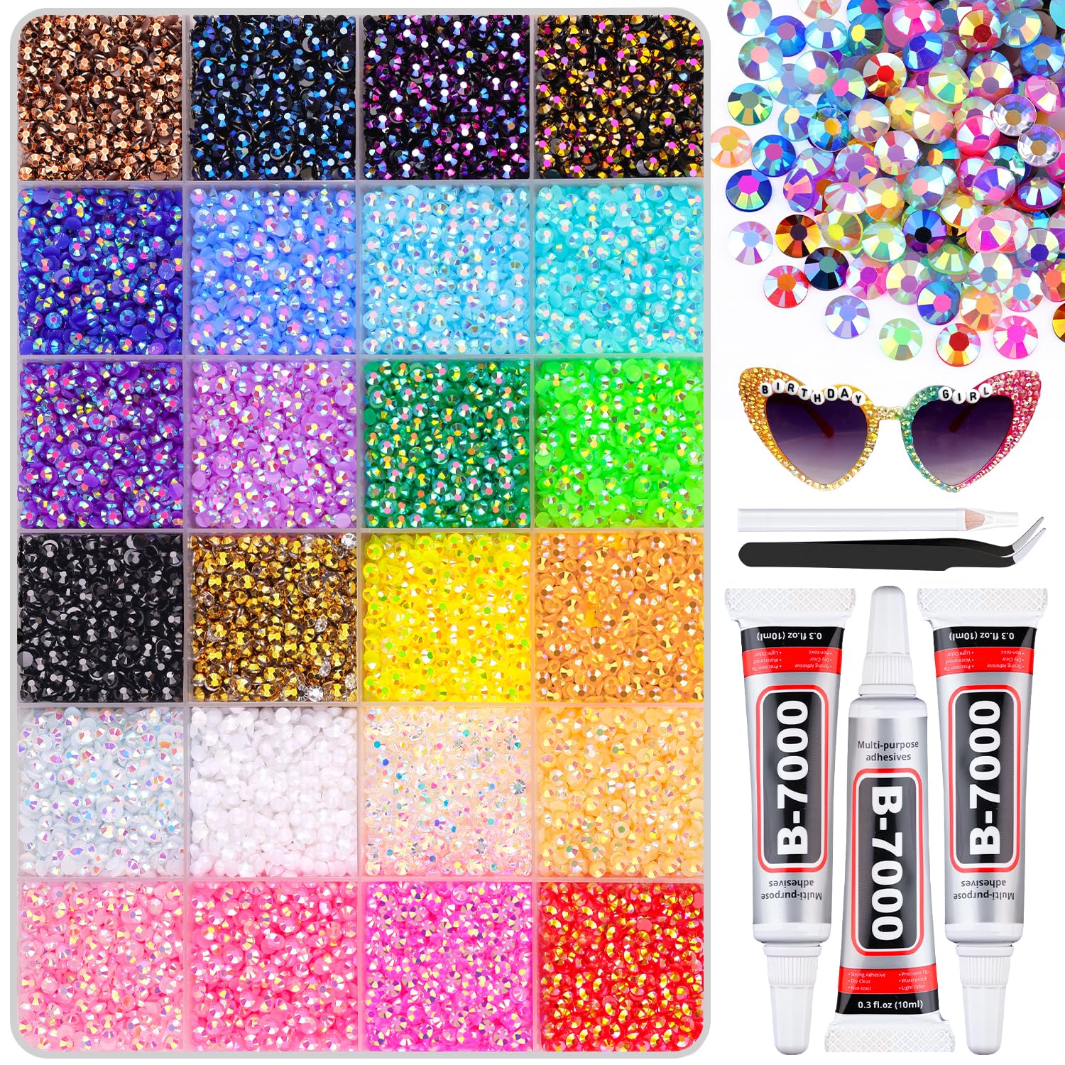 30000Pcs Resin Rhinestones with B7000 Jewelry Glue for Crafting, Multicolors 3mm Non Hotfix Flatback Gems, Bedazzling Crystal for DIY Crafts Clothing Tumblers Mugs Shoes Fabric Decor Nail Art-Velvo Beauty