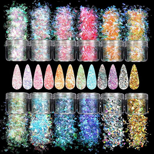 Allstarry 12 Colors Mermaid Nail Chunky Glitter Ultra-Thin Fluorescent Glass Paper Irregular Iridescent Sequin Flakes Glitters Sticker for Nails Art Decoration Hair Eyes Face Body DIY Craft-Velvo Beauty