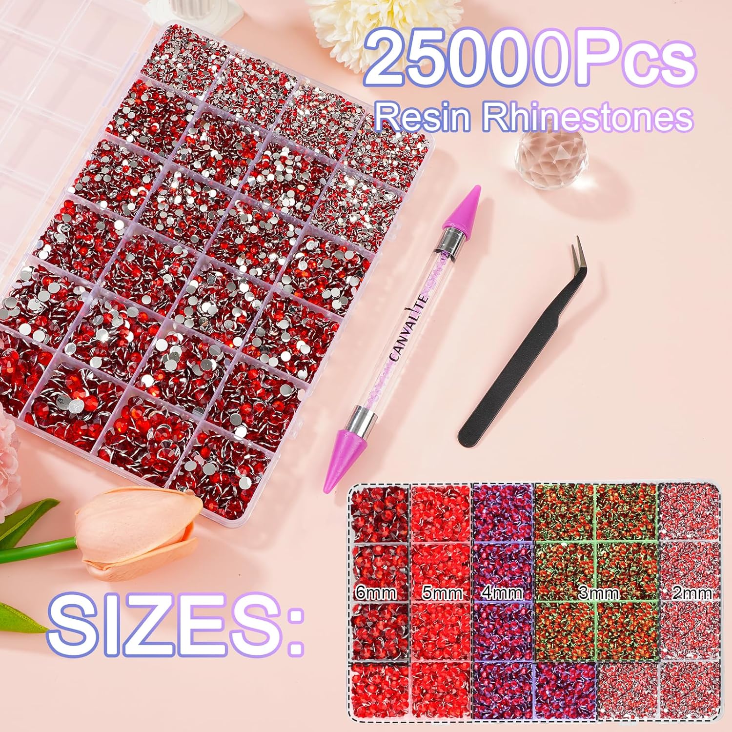 Canvalite 25000PCS Resin Jelly Rhinestones for Crafting,Red Flatback Gems, Bedazzling Crystal with 5Pcs 2.5g B7000 Jewelry Glue and Tweezers and Dotting Pen for DIY Crafts Clothing Shoes Nail Art-Velvo Beauty