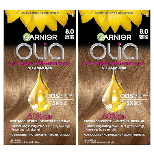 Garnier Hair Color Olia Ammonia-Free Brilliant Color Oil-Rich Permanent Hair Dye, 8.0 Medium Blonde, 2 Count (Packaging May Vary)-Velvo Beauty