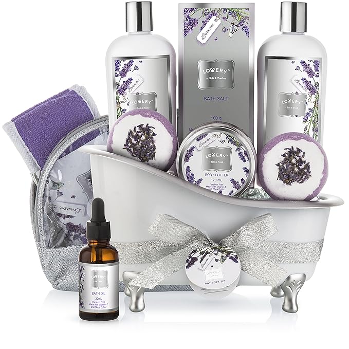Bath Gift Basket Set for Women: Relaxing at Home Spa Kit Scented - Lavender and Jasmine with Large Bath Bombs, Salts, Shower Gel, Body Butter Lotion, Bath Oil, Bubble Bath, Loofah & More-Velvo Beauty