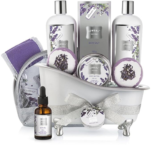 Bath Gift Basket Set for Women: Relaxing at Home Spa Kit Scented - Lavender and Jasmine with Large Bath Bombs, Salts, Shower Gel, Body Butter Lotion, Bath Oil, Bubble Bath, Loofah & More-Velvo Beauty